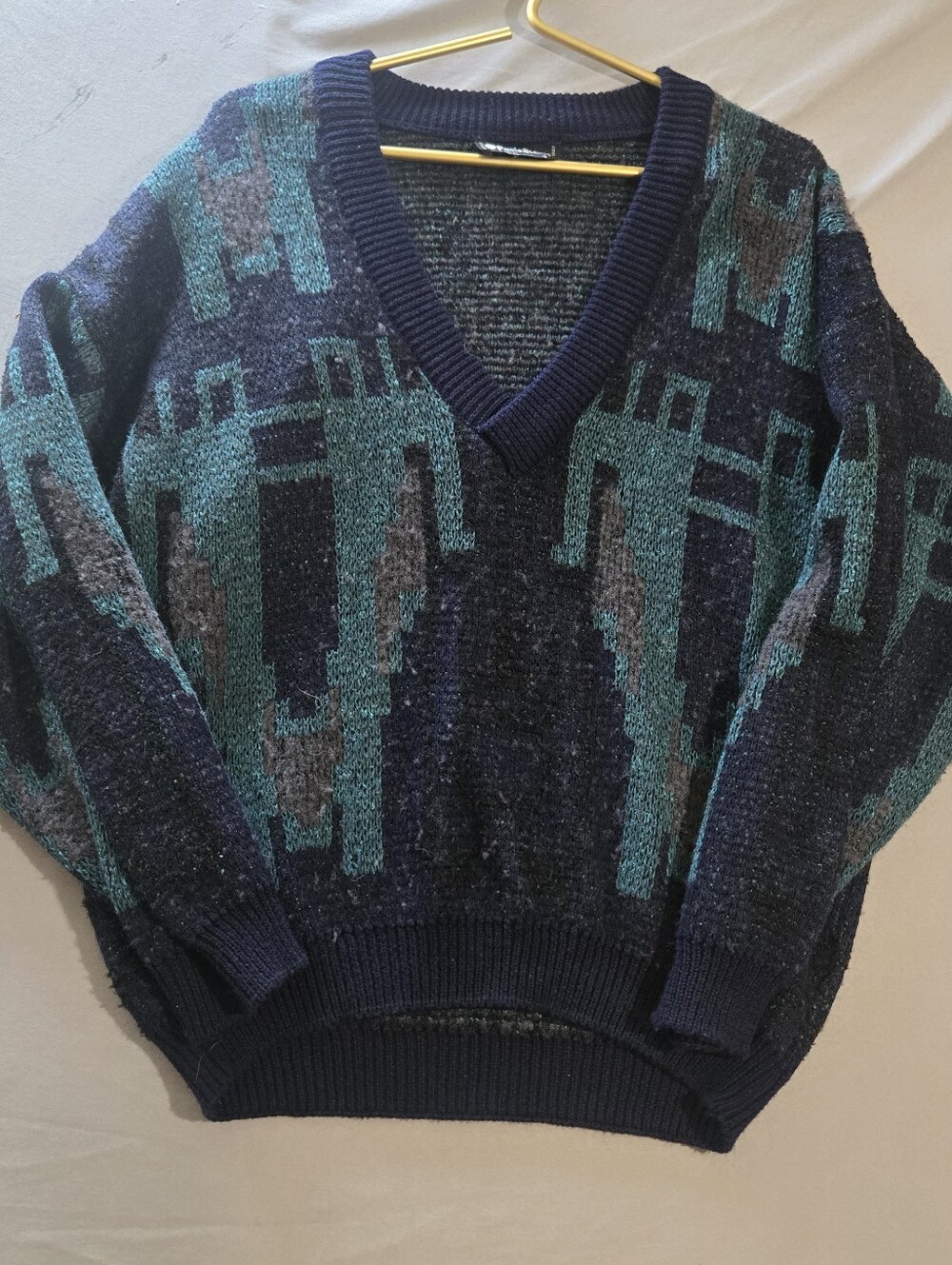 Vintage Punto Blanco Sweater Mens Size 4 M/L Abstract Knit V-Neck Made in Spain